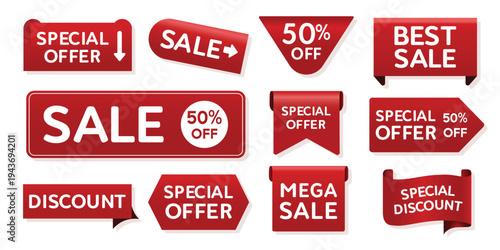 Collection of various red sale discount banners and stickers for advertising  promotional materials