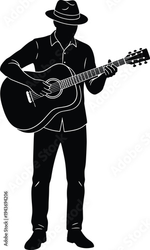 Guitar player silhouette illustration, acoustic performance concept, musician creativity, artistic entertainment, stylish attire, passion, sound, lifestyle, music, art