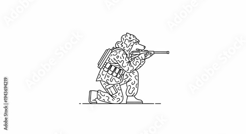 Soldier in Camouflage Aiming Rifle, Crouching Pose, Military Action, Sniper, Combat Gear