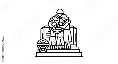 Soldier hugging family, memorial monument, remembrance, homecoming, war, peace, love, support
