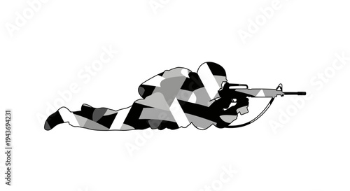 Soldier in camouflage lying prone with rifle, tactical combat, military action