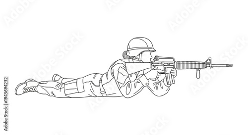 Soldier in camouflage uniform aiming assault rifle while lying prone on white background, line art illustration