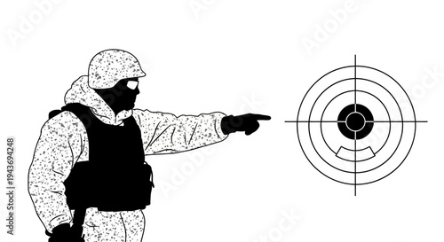 Soldier in camouflage points at target, military training, aiming practice, tactical gear