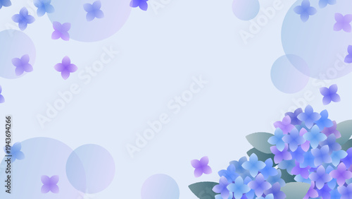 紫陽花とシャボン玉のような円のあしらいの16:9背景素材