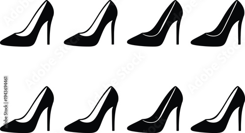 High heel shoe silhouettes, fashion footwear design, elegant stiletto styles, trendy women shoes, vector illustration, stylish heels, black silhouette