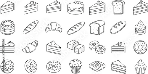 Bakery dessert and pastry outline icons collection with cakes, donuts, cupcakes, croissants and bread slices vector illustration set