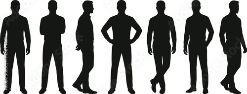 Men silhouette poses, standing posture illustration, body language design, fashion figure outline, vector silhouettes, black male figures, modern style