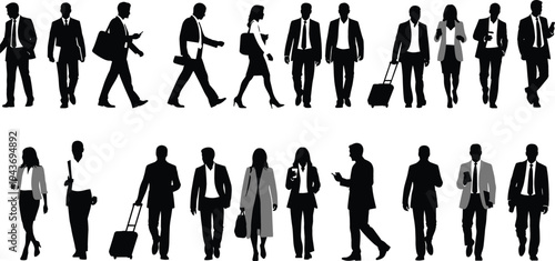 Business people walking silhouettes collection with briefcases and luggage, professional men and women commuters isolated black crowd vector illustration set
