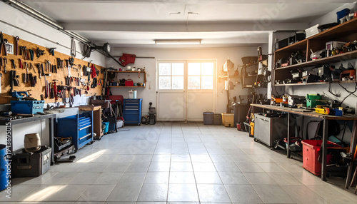 Modern Tidy Garage Workshop Interior Design With Mechanic Tools Aesthetic Wallpaper Background