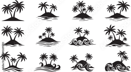 Tropical islands with palm trees in a black and white illustration