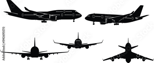Vector Silhouette Set of Commercial Passenger Airplanes and Jet Airliners Including Boeing 747 and Airbus A380 Icons for Aviation Travel Design
