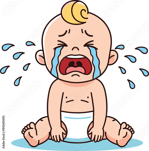 Cartoon vector illustration of a crying baby sitting in a diaper with big tears, representing infant distress, parenting, and childhood emotions