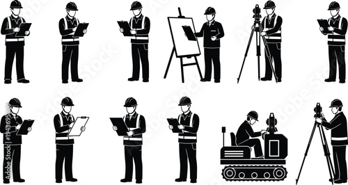 Vector set of construction workers, engineers, and surveyors with safety helmets, clipboards, and surveying equipment for industrial site management and architecture