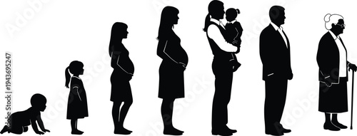Black vector silhouettes showing the human life cycle from baby to elderly including childhood, pregnancy, adulthood, and senior grandmother with cane.