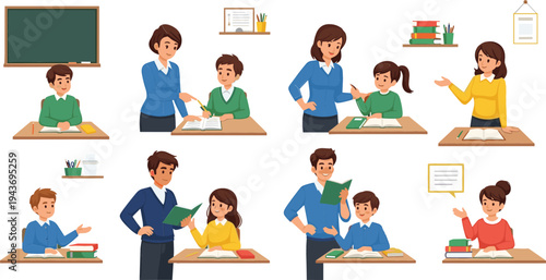 Teacher helping students in classroom learning activities, school education scenes with books, teaching and studying concept flat vector illustration set