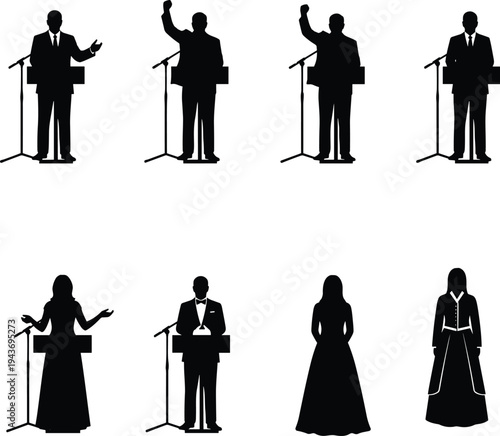 Public speaking silhouettes, debate podium figures, political speech illustration, formal event silhouettes, vector design, black figures, leadership communication art