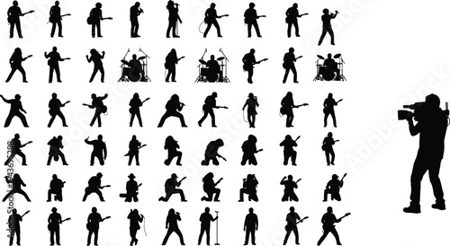 Large collection of rock band silhouettes featuring guitarists, singers, drummers, and a cameraman for live concert events and music festival designs