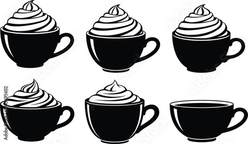 Black coffee cup silhouettes featuring five cups with whipped cream and one plain cup representing unique choices and beverage variety.