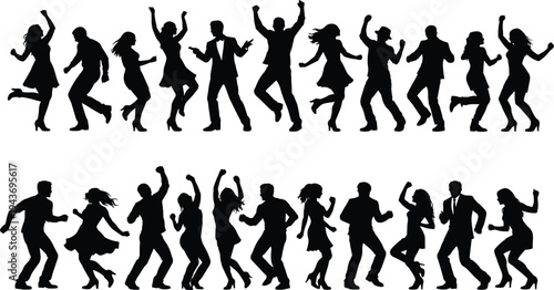 Set of dancing people silhouettes, happy men and women in various poses having fun at party, celebration, and corporate event