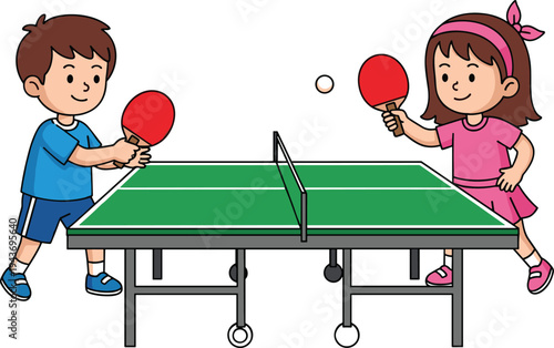 A boy and a girl playing a friendly table tennis match on a green ping pong table with paddles and ball.