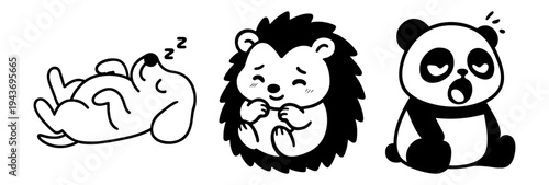 Set of Cute Kawaii Animal Characters with Tired Expressions Including Sleeping Dog Happy Hedgehog and Yawning Panda Hand Drawn Doodle Vector Illustration for Kids Coloring Page
