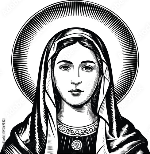 Virgin Mary religious illustration in vintage woodcut engraving style sacred Christian spiritual figure vector artwork