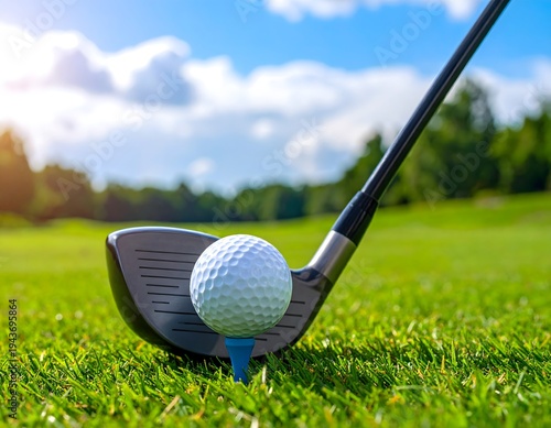 Close-up of Golf Club and Ball on Tee Ready to Swing on Sunny Golf Course