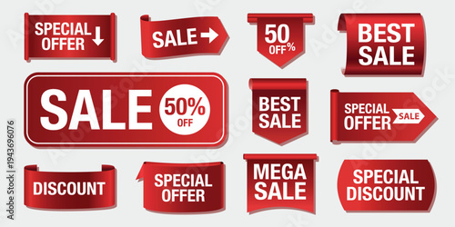 Red sale banners and labels for advertising and marketing purposes  discounts and offers