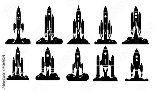 Rocket launch silhouette icon set space travel exploration vector illustration