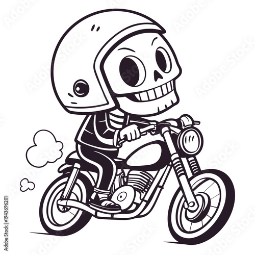 A cartoon skeleton wearing a helmet riding a motorcycle with a happy expression