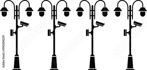 Street lamp silhouette illustration, urban infrastructure concept, surveillance camera design, public safety symbol, lighting, monitoring, cityscape, security, technology, architecture