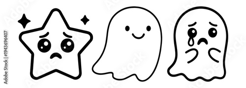Cute Cartoon Star and Ghost Characters Vector Set with Sad and Happy Expressions