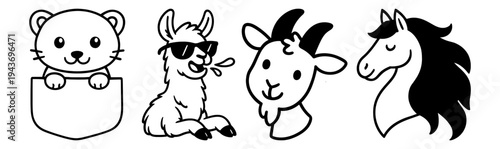 Cute Animal Characters Set Featuring Pocket Bear Cool Llama Goat and Horse Head Vector