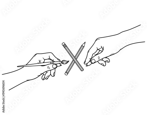 Minimalist line art illustration of two hands holding art tools like paintbrush and pencil with crossed pencils in middle, creative artist concept.
