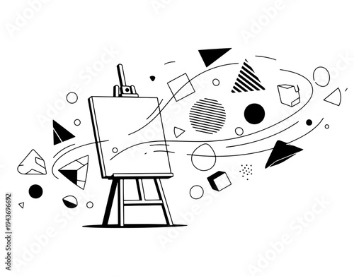 Minimalist art easel illustration with abstract geometric shapes and flowing lines, creative studio concept for artistic inspiration and design.