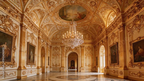 Ornate golden palace hall with chandelier