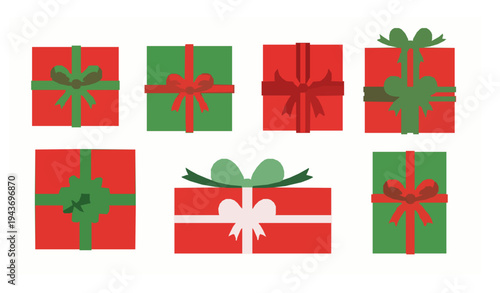 Christmas and New Year Gift Boxes Flat Vector Set with Ribbons