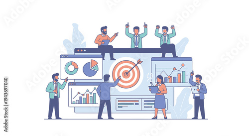 Teamwork and Business Strategy Success with Digital Marketing Goals.