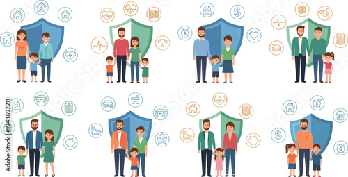 Family insurance protection concepts with parents and children, health care, home, life and financial security icons flat vector illustration collection