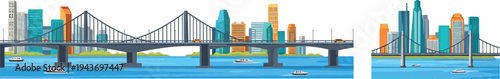 Modern city skyline with suspension bridge over river, urban waterfront panorama with skyscrapers and boats, metropolitan landscape flat vector illustration