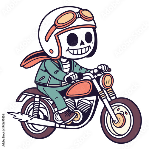 A skeleton wearing a helmet and goggles rides a motorcycle with a joyful expression on a plain background