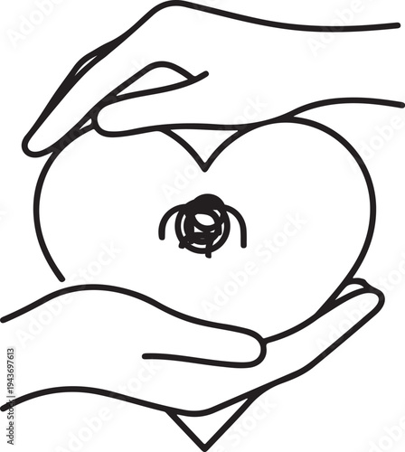 Silhouette of hands holding a heart with a yin yang symbol