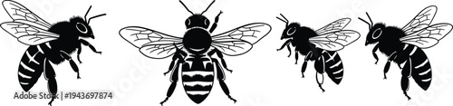 Set of black honey bee silhouettes featuring different flying positions and top views representing nature, pollination, environment, and honey production.