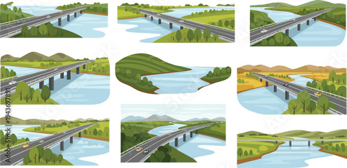 Highway bridges over rivers collection with scenic countryside landscapes, modern road infrastructure crossing water with hills and nature flat vector illustration set