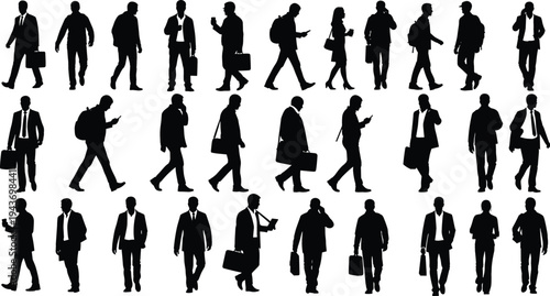 Business people walking silhouettes collection with briefcases and smartphones, professional men and women commuters isolated black crowd figures vector illustration set