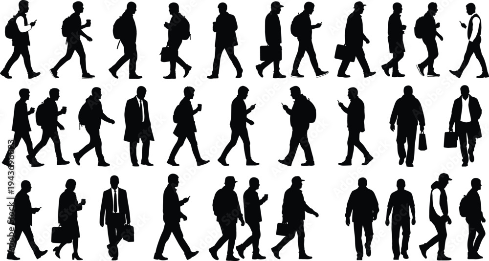 Fototapeta premium Walking business people silhouettes collection, men and women commuters with bags and smartphones, professional crowd movement black silhouette vector illustration set