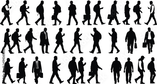 Walking business people silhouettes collection, men and women commuters with bags and smartphones, professional crowd movement black silhouette vector illustration set
