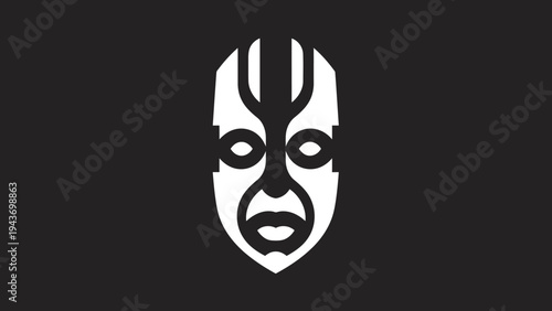 Tribal mask graphic design with bold lines.