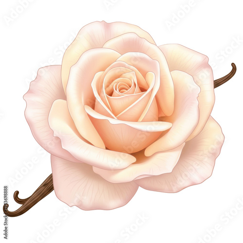 Delicate peach rose with vanilla bean accent isolated on white background