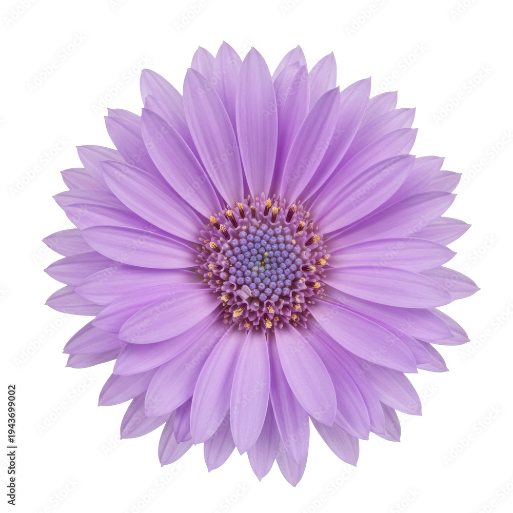 Fototapeta premium Lilac osteospermum flower closeup, detailed petals and center isolated on white background